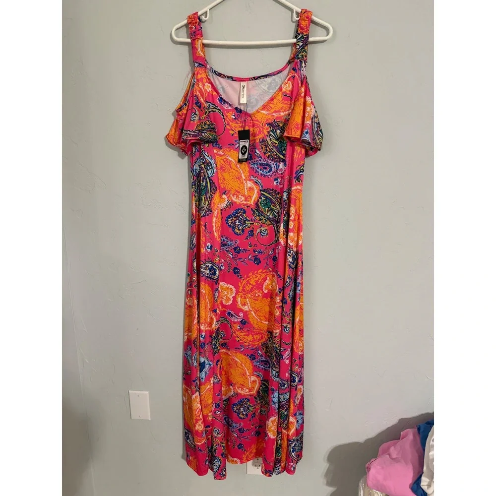 24seven Comfort Apparel Pink Paisley Cold Shoulder Maxi Dress Womens Medium NEW